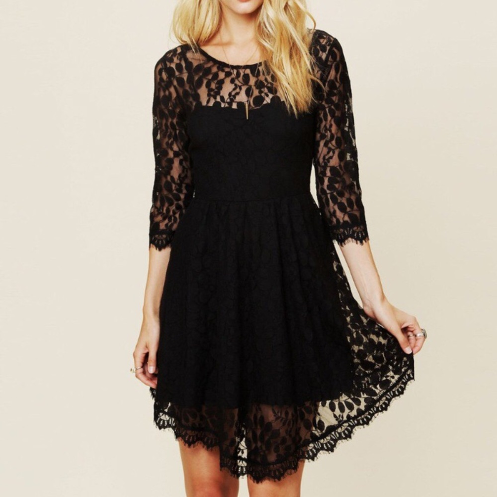 Free People Black Lace Dress with Asymmetrical Hem